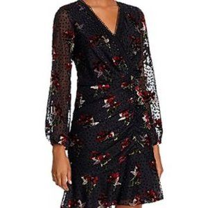 Shoshanna - Black & Red Velvet Floral Print & Polka Dot Ruched Dress Sz 2